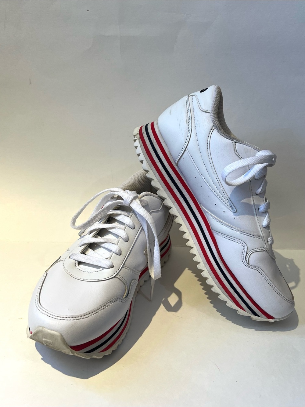 Fila White Platform Sneakers with Red and Blue Stripe
